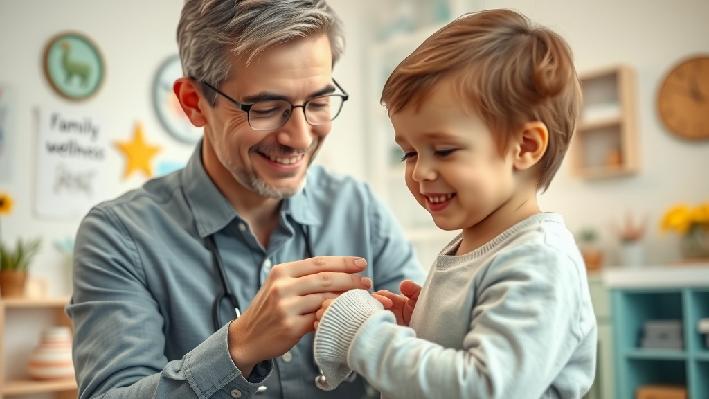 Friendly pediatric chiropractor gently adjusts smiling child in a family-focused clinic.