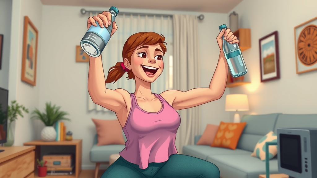 Resourceful woman using household objects for exercise routines for women in a small apartment