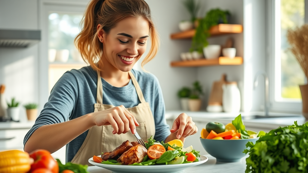 Healthy woman preparing a nutritious meal supporting exercise routines for women in a bright kitchen