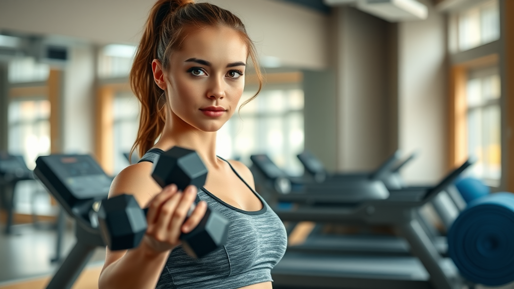 Confident athletic woman choosing equipment for exercise routines for women in a modern gym
