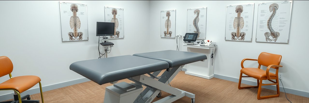 Chiropractor room with therapy table and spine posters for personalized treatment plans