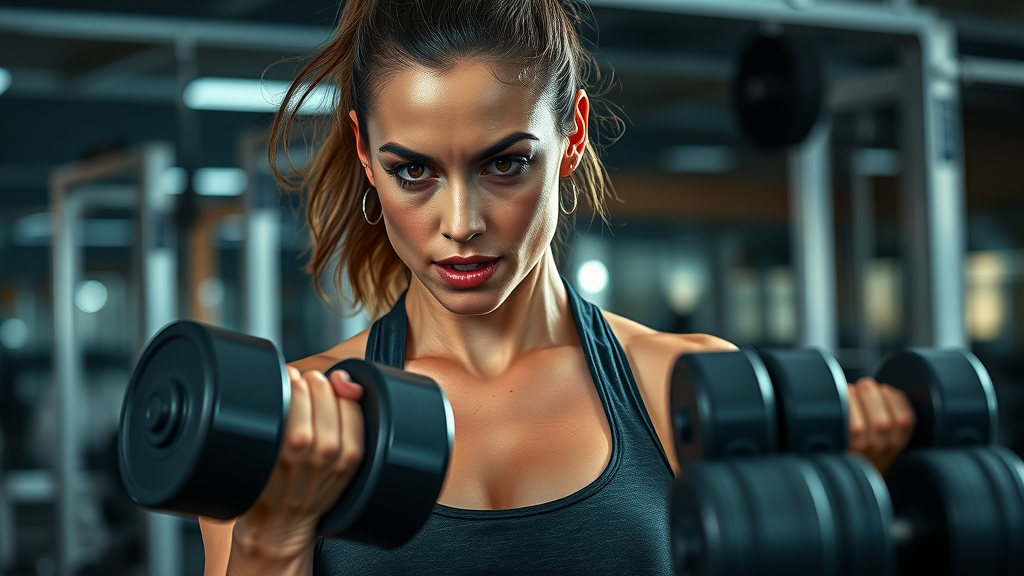 Determined woman performing dumbbell strength training for exercise routines for women in gym