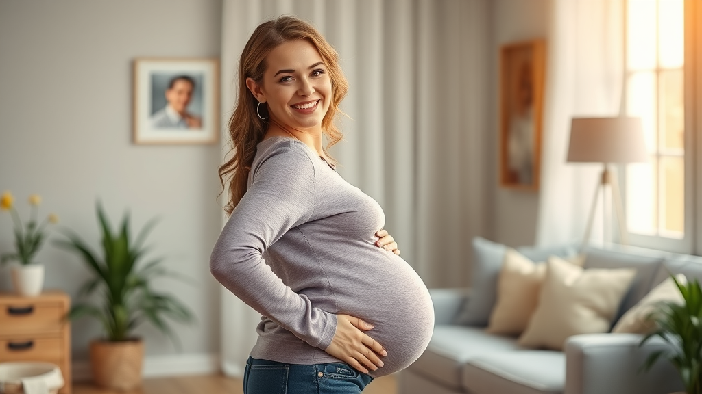 Pregnant woman feeling relief from prenatal chiropractic support in cozy clinic