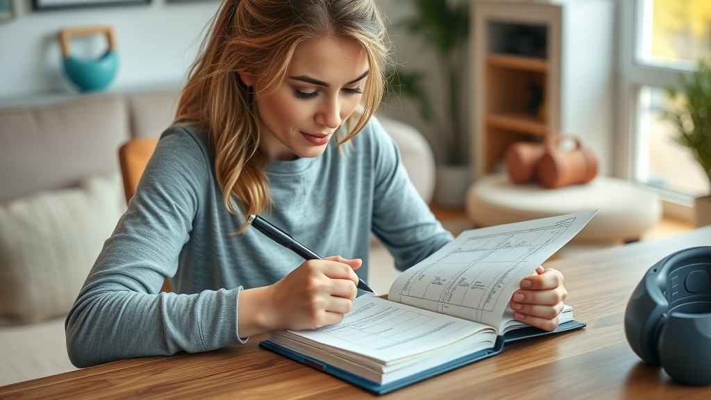Motivated woman planning exercise routines for women, writing fitness goals at home