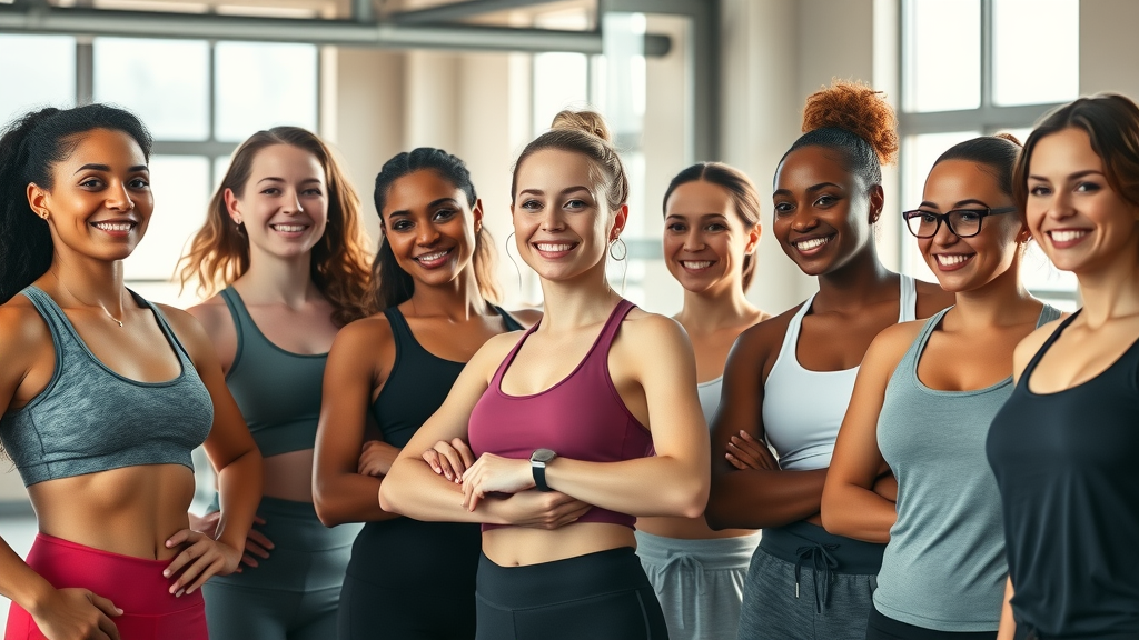 Empowered and diverse group after exercise routines for women, standing confidently together in a sunlit gym