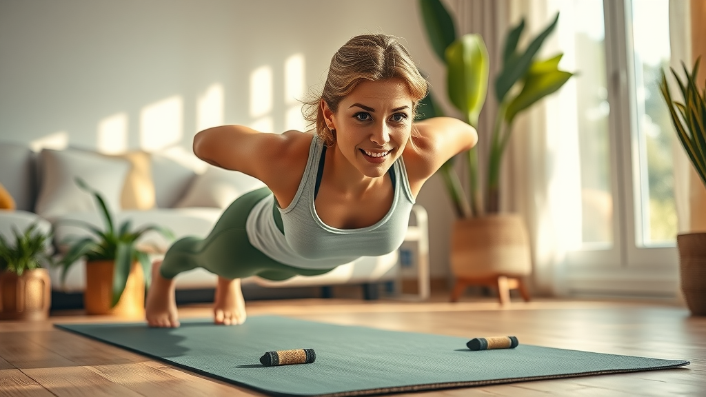Enthusiastic woman performing bodyweight push-ups at home as part of exercise routines for women