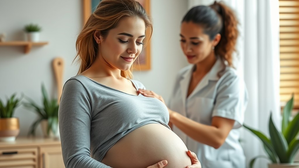 Pregnant woman receiving gentle prenatal chiropractic support in a calm clinic