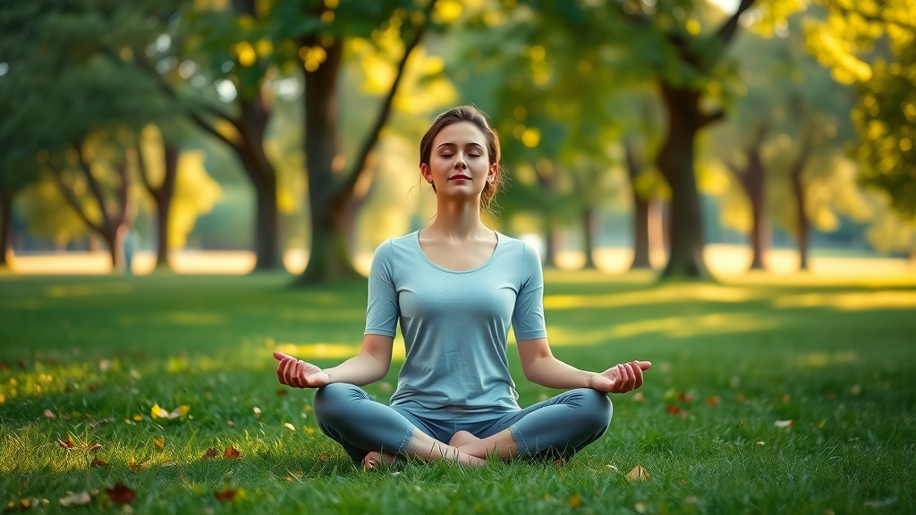 Restful woman meditating outdoors during a rest day following exercise routines for women